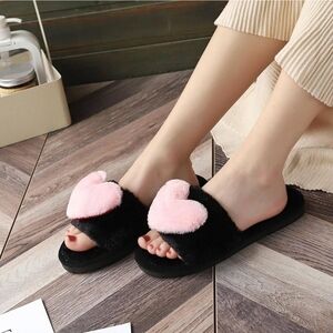 HEART Slippers Fuzzy Fluffy Memory Foam Open Toe Indoor Outdoor House Shoes PINK